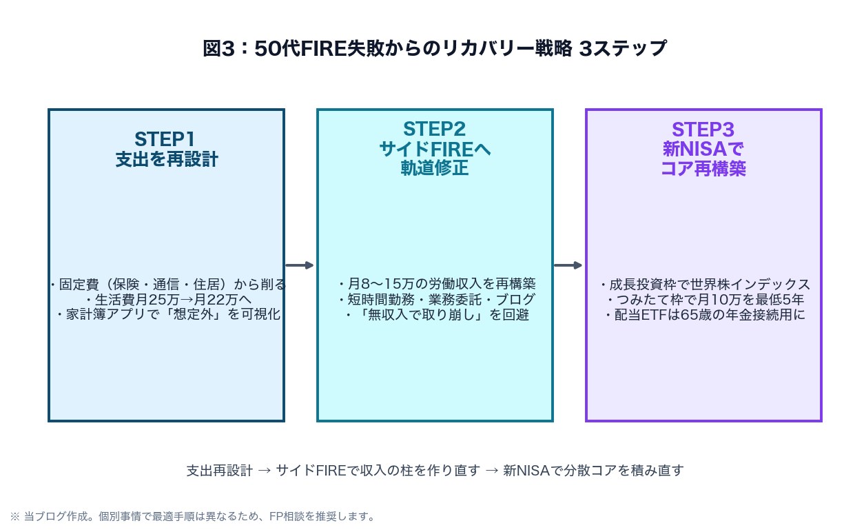 図3:50代FIRE失敗からのリカバリー戦略 3ステップ