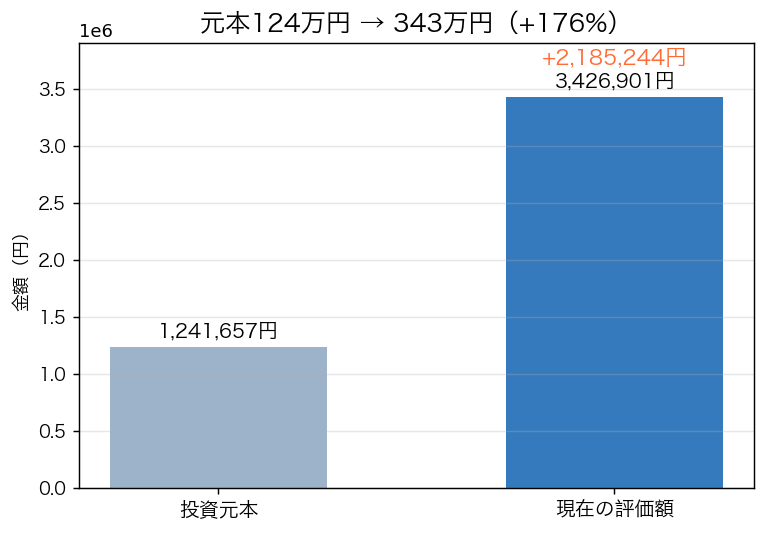 投資元本(約124万円)と現在の評価額(約343万円)の比較