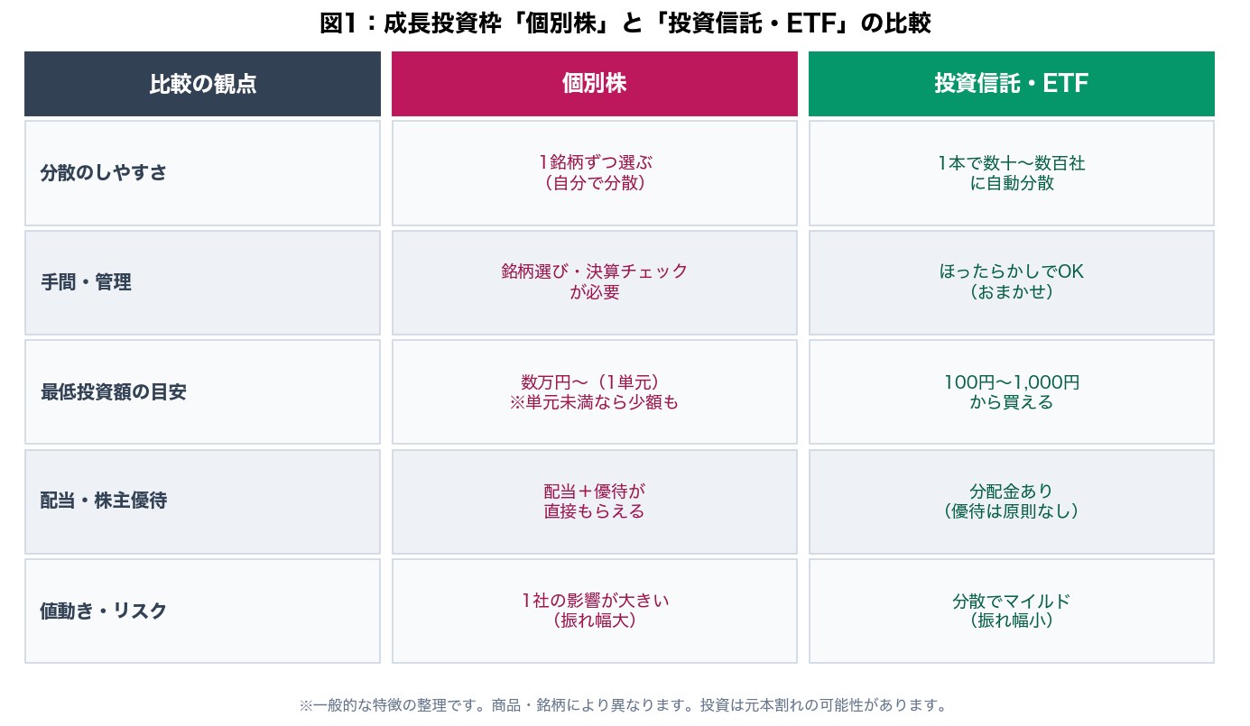 図1：成長投資枠 個別株と投資信託・ETFの比較